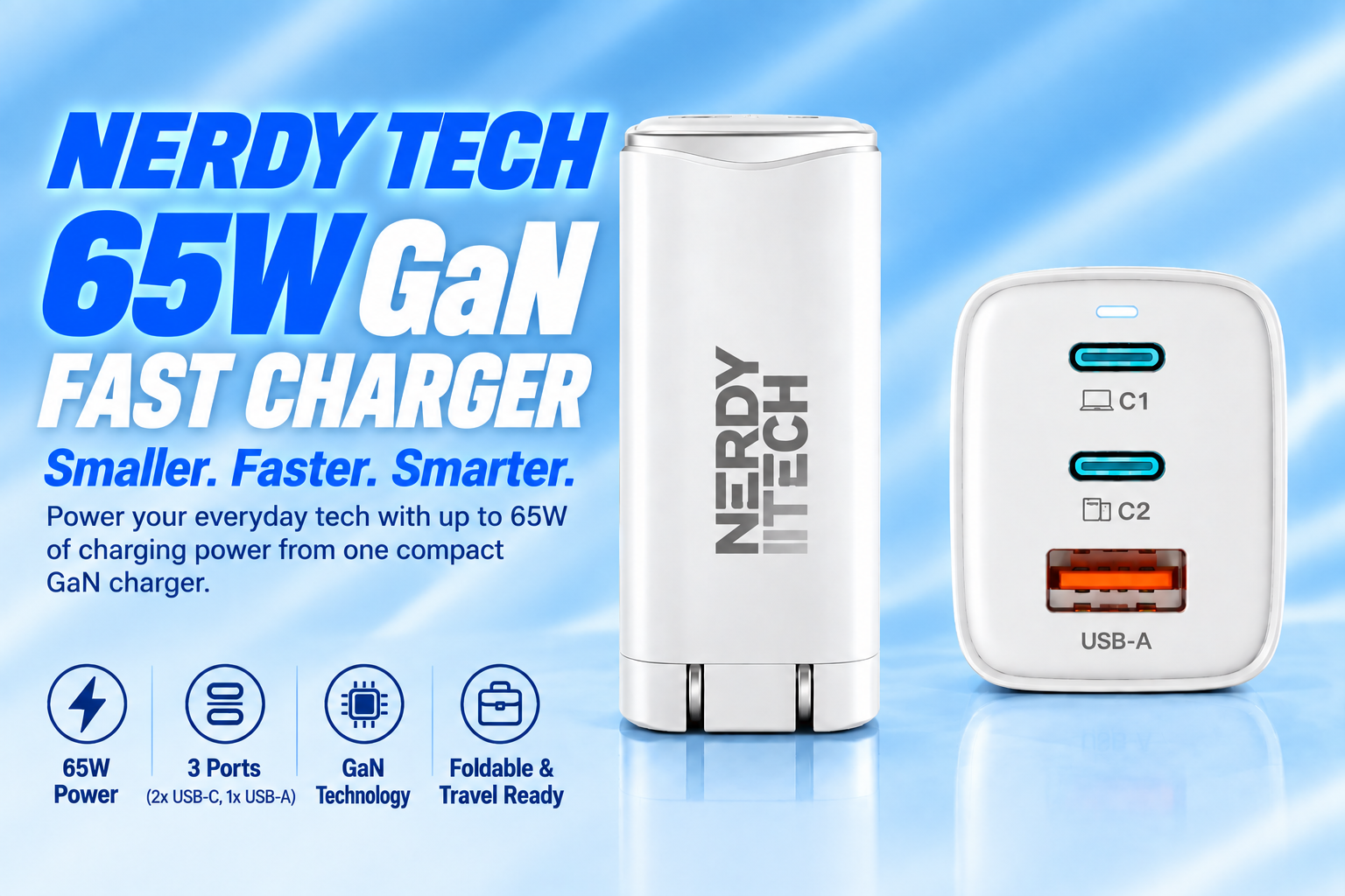 Nerdy Tech 65W GaN fast charger shown in white with a detailed front view of its three USB-C ports and one USB-A port, set against a blue light gradient background with product specifications.