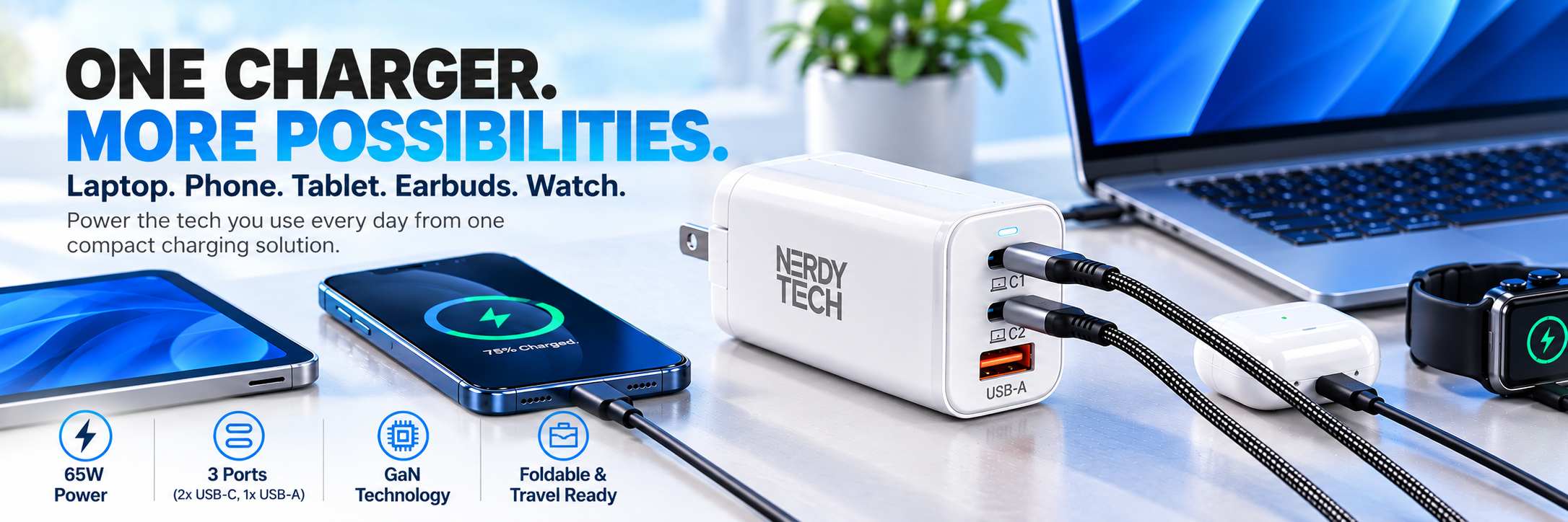 A white Nergy Tech multi-port charger plugged into a laptop, phone, tablet, earbuds, and smartwatch on a desk, with promotional text and feature icons along the bottom.